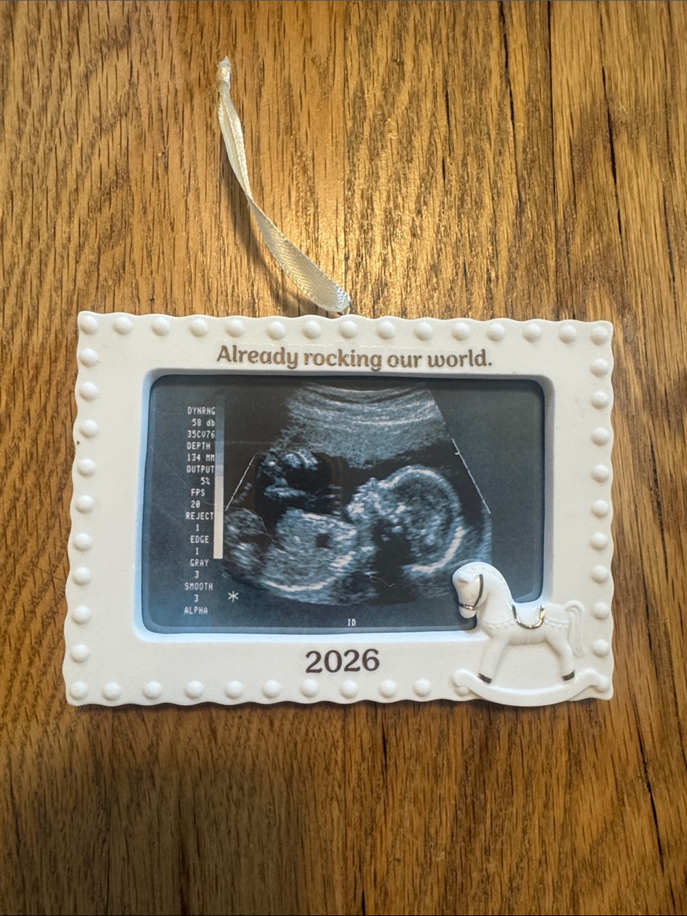 Hallmark White and Gold 'Already rocking our world' 2026 Baby Photo Ornament
